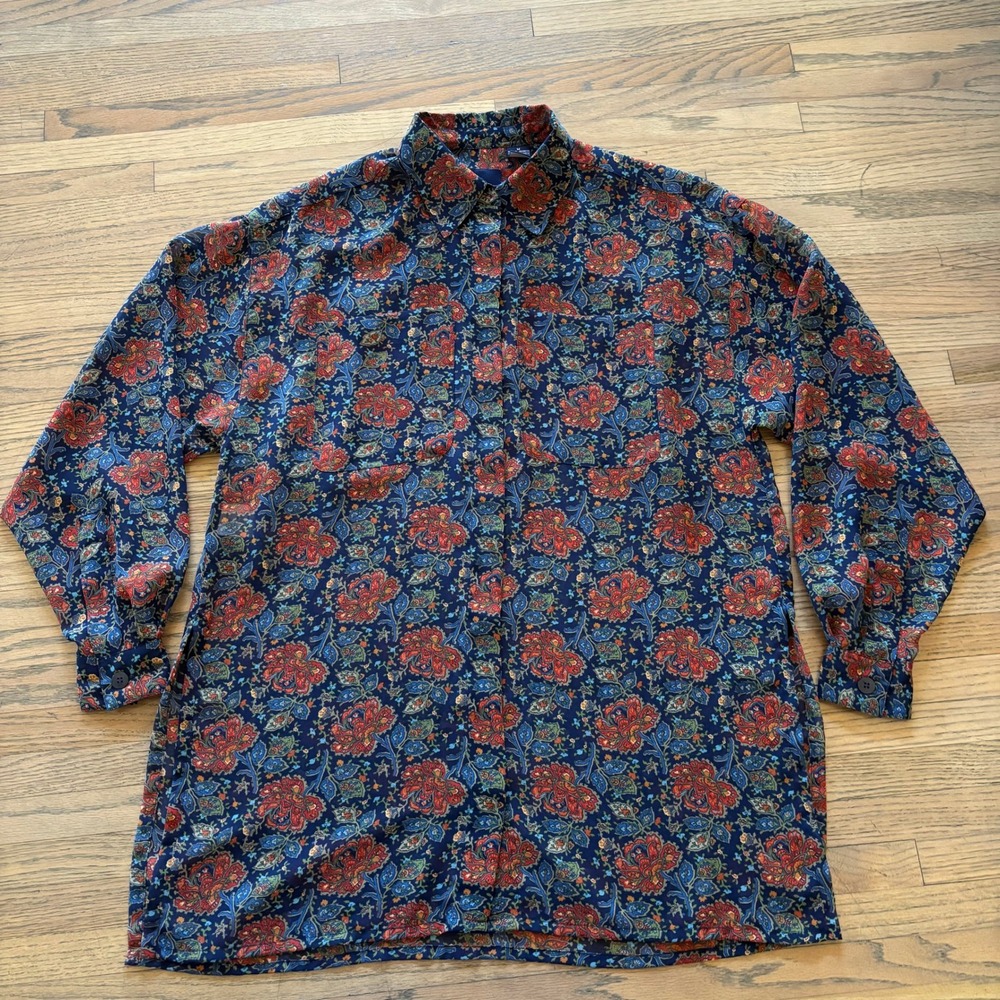 Lizsport Womens Medium Floral Paisley Button Down Shirt Blue Red Long Sleeve